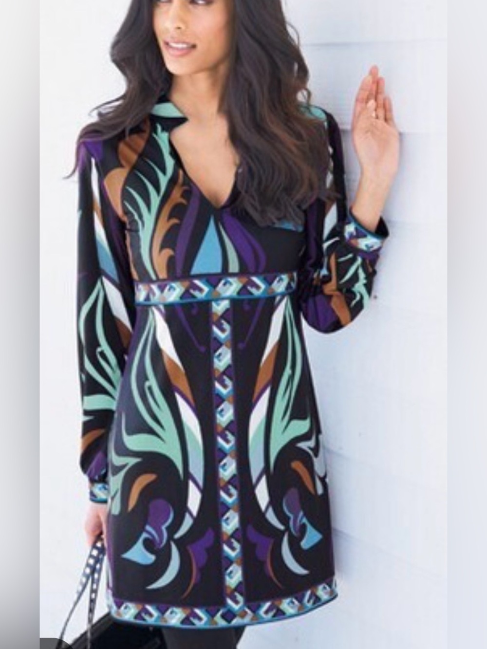 Cache Purple, Black & Teal Abstract Print Long Sleeve mini Dress